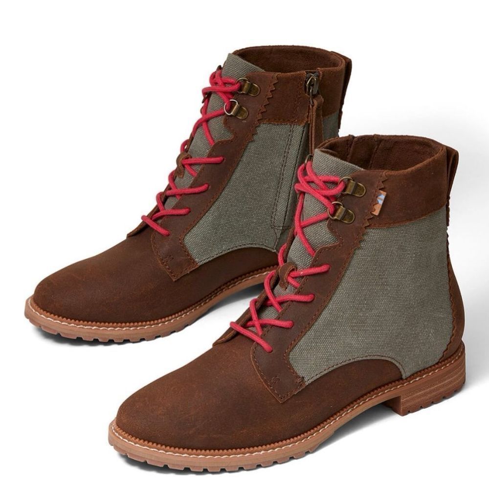 Toms Brown Suede & Olive Canvas Ankle Boots with Red Laces